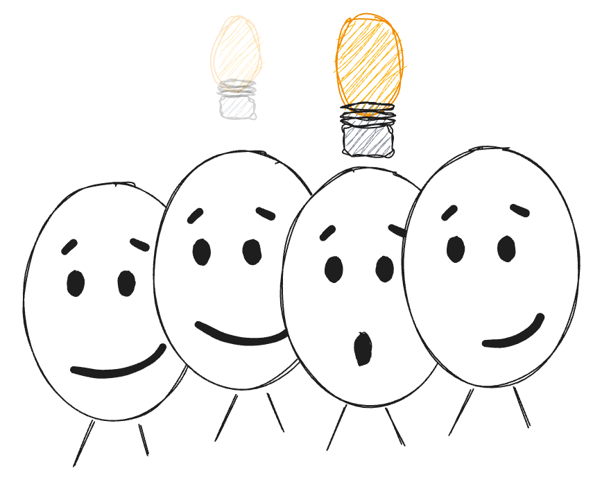 mutliple stick figures one with a bigger light bulb than another