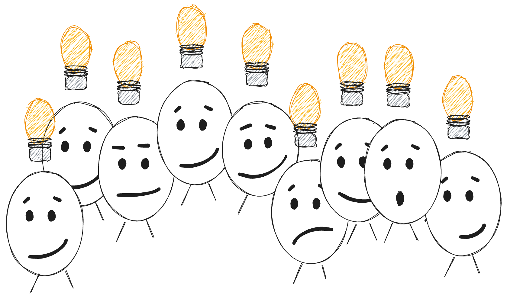 mutliple stick figures all with ideas